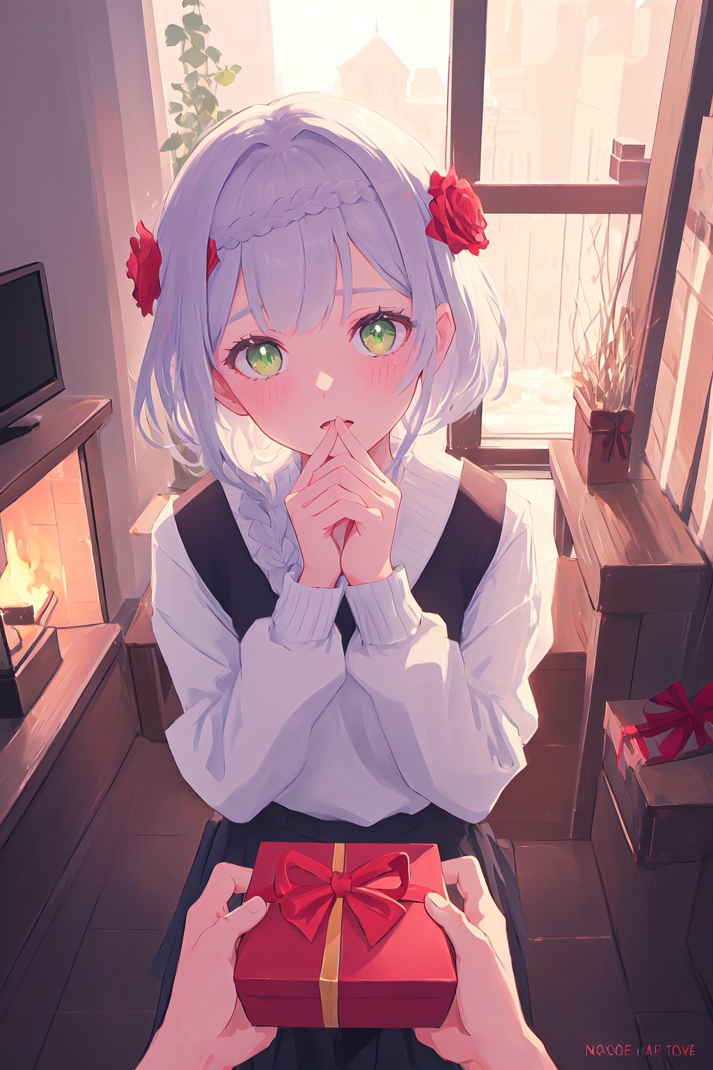 noelle_genshin,noelle gi,short hair,lime green eyes, ((braid)),hair flower,red rose,turtle neck sweater,best quality,looking at viewer, masterpiece,expressive eyes, perfect face,complex, dramatic lighting, rim lighting,shy,blush,(hands covering mouth),indoors,fireplace, cozy interior, night time,((recieving present from viewer)),((other person hands giving present pov)),
, green eyes