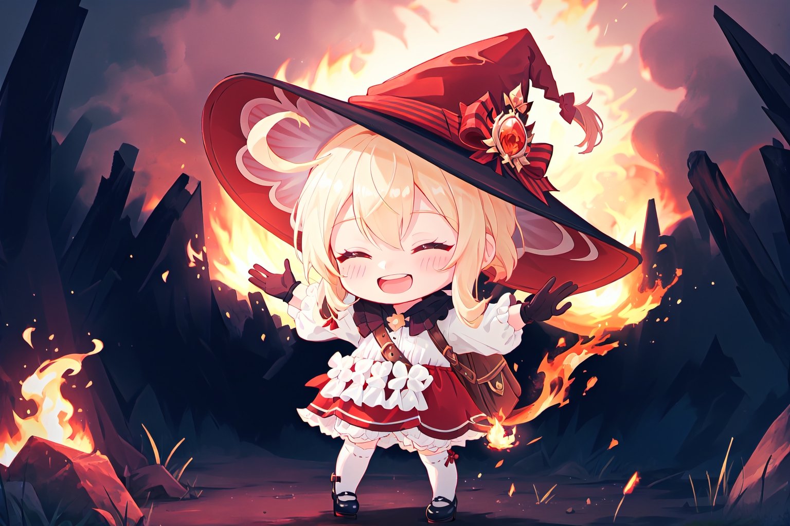 1girl,cute,(chibi),child, klee \(blossoming starlight\) \(genshin impact\),bloomers, black gloves, kneehighs, mary janes, witch hat, red skirt, white shirt, shawl, waist apron, bag,best quality, masterpiece,expressive eyes, perfect face,complex, dramatic lighting, rim lighting,outdoors,classic town,town on fire,happy, jumping, smile with open mouth,eyes closed, hands raised,flame sparks,ashes,