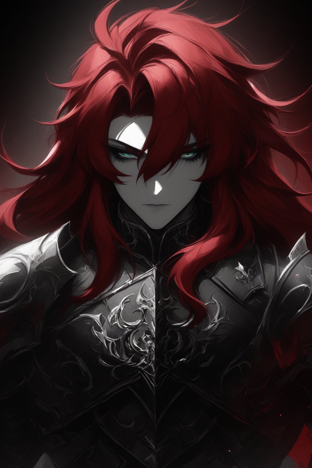 CharcoalDarkStyle,argenti,red hair,long hair,hair between eyes,green eyes,armor,,cool,edgy,monochrome,black and red colors, half of face darkened by shadow, pointing lance,