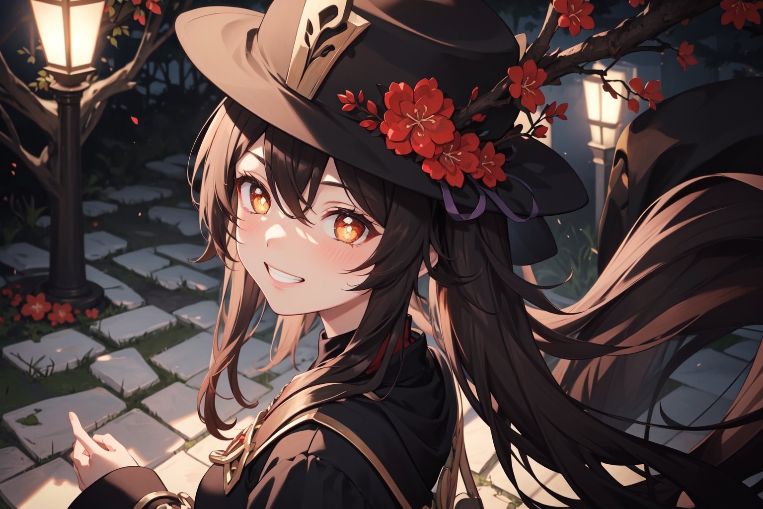 view from above,looking at viewer, masterpiece, best quality, aesthetic,pikkyhutao, 1girl, brown hair, long hair, flower-shaped pupils, solo, yellow eyes, looking at viewer, twintails, flower, hat, long sleeves, bangs, blush, jewelry, hat flower, black headwear, smile showing teeth,((night)),outdoors,((grove)),flowers,((silk flowers)),