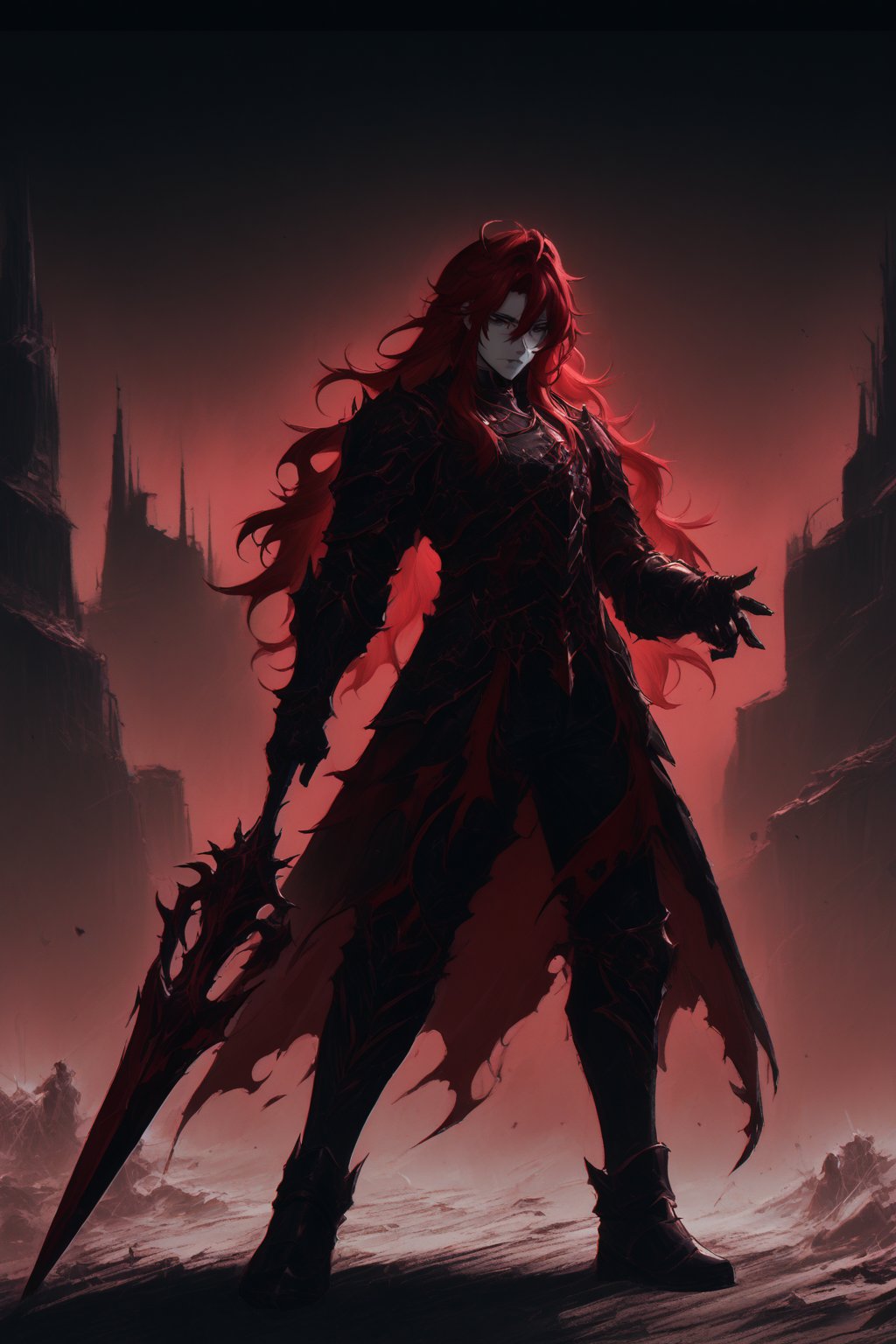 CharcoalDarkStyle,argenti,red hair,long hair,hair between eyes,green eyes,armor,,cool,edgy,monochrome,black and red colors, half of face darkened by shadow, pointing lance, full body, apocalyptic backround, aesthetic,