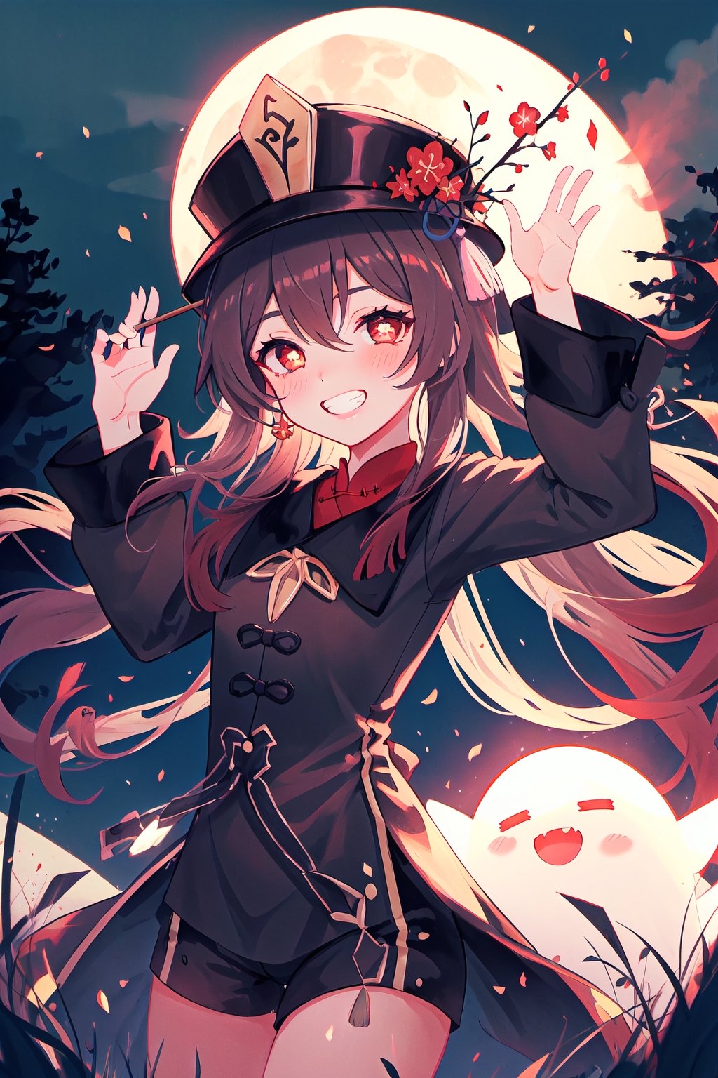 pikkyhutao,cute,((chibi)),cartoon, 1girl, brown hair, long hair, symbol-shaped pupils, solo, red eyes, looking at viewer, twintails, flower, hat, long sleeves, bangs, blush, jewelry, hat flower, black headwearm,black shorts, ghost,best quality, masterpiece,expressive eyes, perfect face,complex, dramatic lighting, rim lighting,outdoors,forest,moonlit grass field, fullmoon,hands raised, grin showing teeth, holding red spear on one hand,