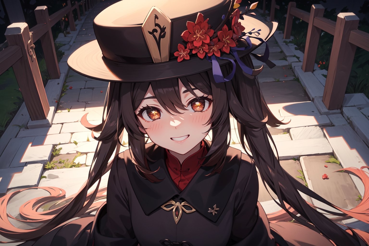 view from above,looking at viewer, masterpiece, best quality, aesthetic,pikkyhutao, 1girl, brown hair, long hair, flower-shaped pupils, solo, yellow eyes, looking at viewer, twintails, flower, hat, long sleeves, bangs, blush, jewelry, hat flower, black headwear, smile showing teeth,((night)),outdoors,((grove)),shadows cast,((silk flowers)),