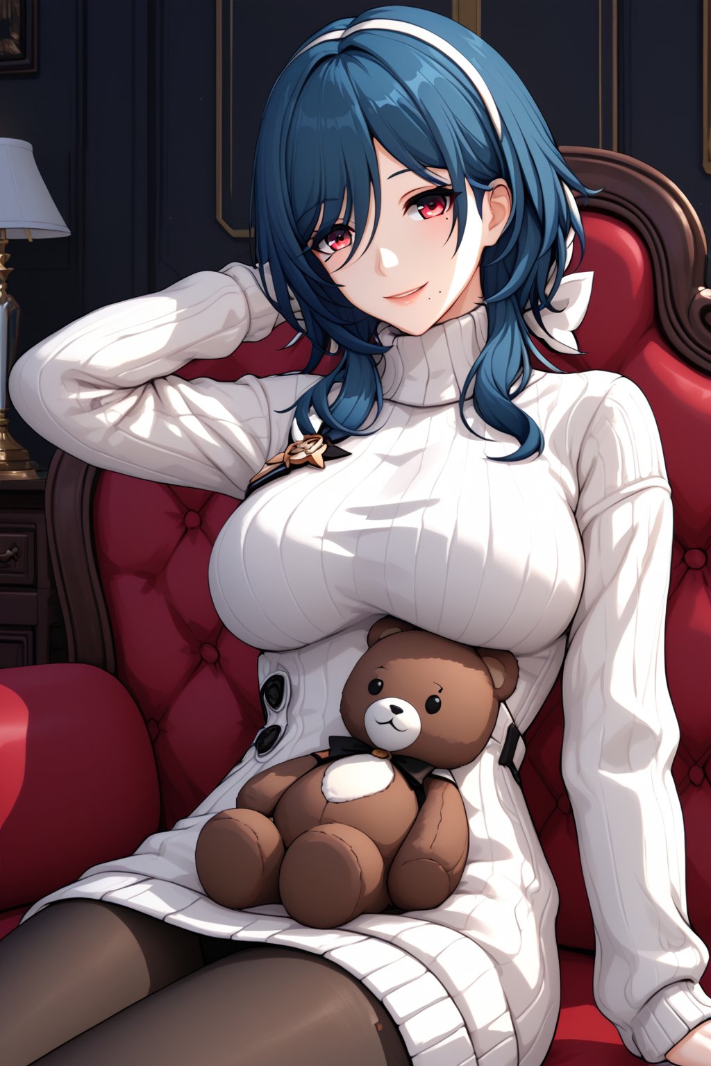 1girl,solo,natasha \(honkai: star rail\), ((alternate outfit)), mole under mouth, white hairband behind head,teddy bear, simple white sweater,(((white turtleneck sweater))),skirt,black pantyhose,hands on lap, smile,classic interior, dim lighting,