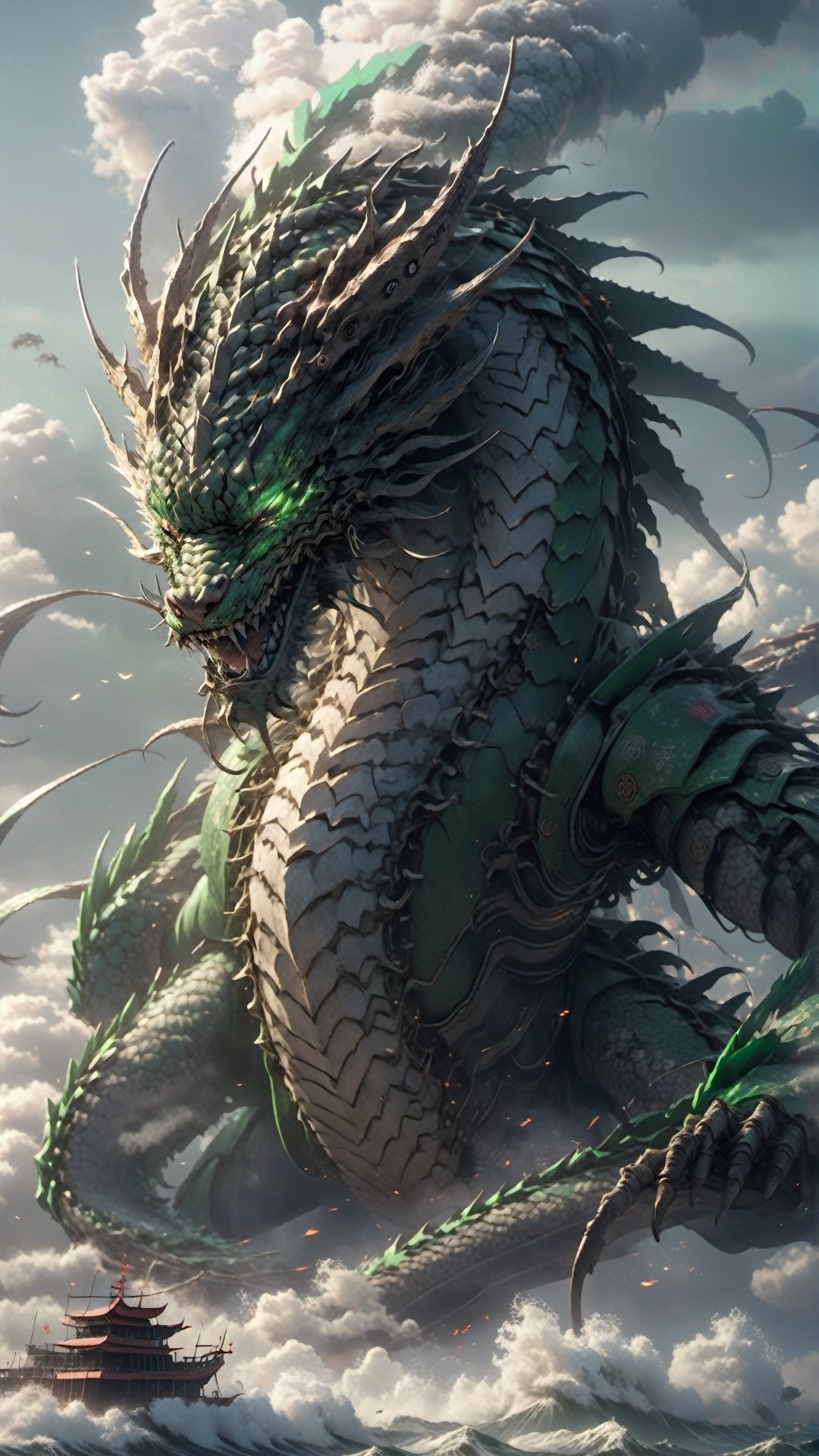 a green Chinese Dragon, half machine, machine joints, cyberpunk, metal wings ,angry expression,full body, fire, floating in tsunami, ocean,cloudy_sky,cinematic lighting,strong contrast,high level of detail,Best quality,masterpiece,, . Extremely high-resolution details, photographic, realism pushed to extreme, fine texture, incredibly lifelike, leggendary  HD,3d,chinese ink drawing