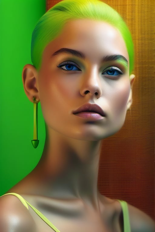 A captivating minimalist portrait featuring a young woman with striking sky blue eyes and bold lime-green hair. She stands confidently, exuding an air of assertiveness. The background is a vibrant lime gradient, seamlessly blending modern and powerful elements. The artwork masterfully combines portrait photography, illustration, and 3D render techniques, creating a visually stunning and impactful piece that embodies contemporary minimalist art in modern culture. With its cinematic, fashionable, and artistic aspects, the portrait immerses the viewer in the captivating world of the subject, evoking a strong sense of depth and emotion., fashion, painting, vibrant, portrait photography, 3d render, illustration, cinematic