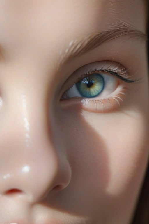 A mesmerizing close-up macro photograph of a young woman's face, capturing the exquisite details of her features. Her striking blue-green eyes sparkle with an inner light, while her sweet smile exudes warmth and radiance. The delicate texture of her skin is revealed, showcasing the intricate play of light and shadow. Her pores, eyelashes, and the subtle depth of her eyes are highlighted, revealing a mesmerizing beauty. The soft, natural light envelops her face, casting gentle shadows that further accentuate her features. The background is a soft, blurred haze, drawing the viewer's focus solely on the intricate and captivating details of her visage.