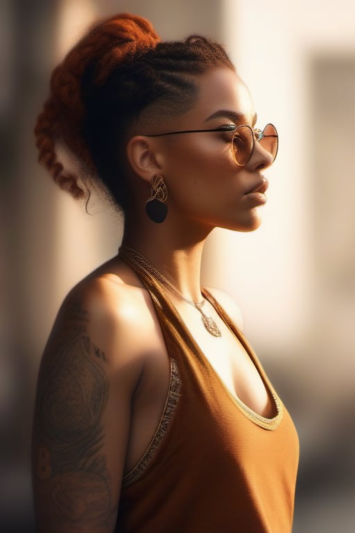 A striking portrait photograph of a unique female character with a multitude of freckles and vibrant tattoos adorning her sunkissed skin. She sports oversized round-rimmed, bright, sunglasses, her wavy amber hair styled in two tousled buns with a few loose strands framing her face. Her expressive eyes are slightly downcast, and her full lips convey a serene and contemplative expression. The character dons a stylish halter-neck top adorned with fringe details, emphasizing her neckline and clinges to her wet, ample endowments. Her pose is turned to her left, offering a captivating side profile, with the photograph's focus on her captivating facial features., portrait photography, photo