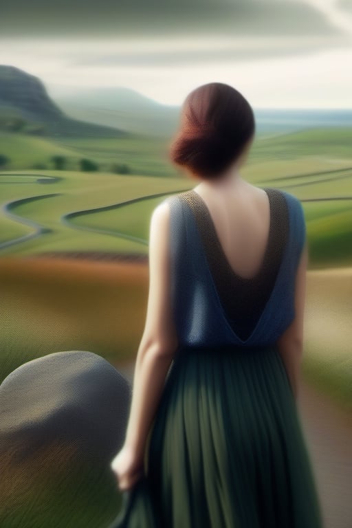 A captivating close-up of a woman's back with her face not visible, featuring a semi-transparent effect. On her back, there's an impressionistic image of a distant road winding through a landscape, with human figures walking, grass, and rocks. The overall mood of the image is serene and mysterious, with a touch of surrealism.