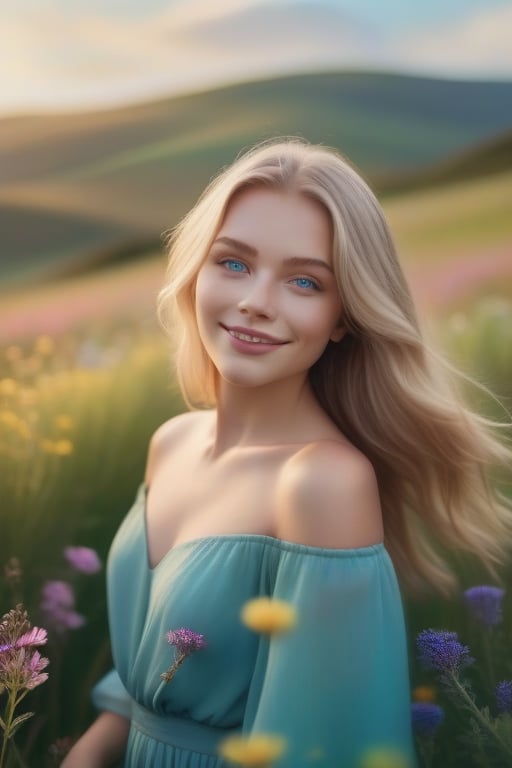 A captivating cinematic photograph of a radiant young blonde woman with mesmerizing blue-green eyes and a gentle, contagious smile. She stands elegantly amidst a sea of vibrant wildflowers, creating a kaleidoscope of colors that surround her. The bokeh effect adds a dreamy, ethereal atmosphere, while the grass sways gently in the breeze. The sky above is filled with warm, soft hues, enhancing the serene, picturesque landscape. This fashion-inspired image is vibrant, cinematic, and exudes a sense of peace and tranquility, making it a truly stunning composition., vibrant, fashion, cinematic, photo