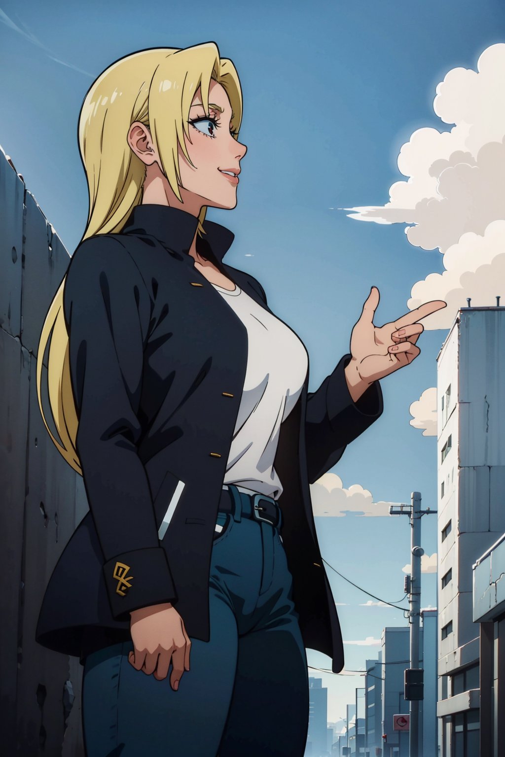 A girl, alone, Yuki Tsukumo from Jujutsu Kaisen, long blonde hair, happy, standing on a street, wearing a black jacket, dark blue pants, background: a sunny, cloudless day.