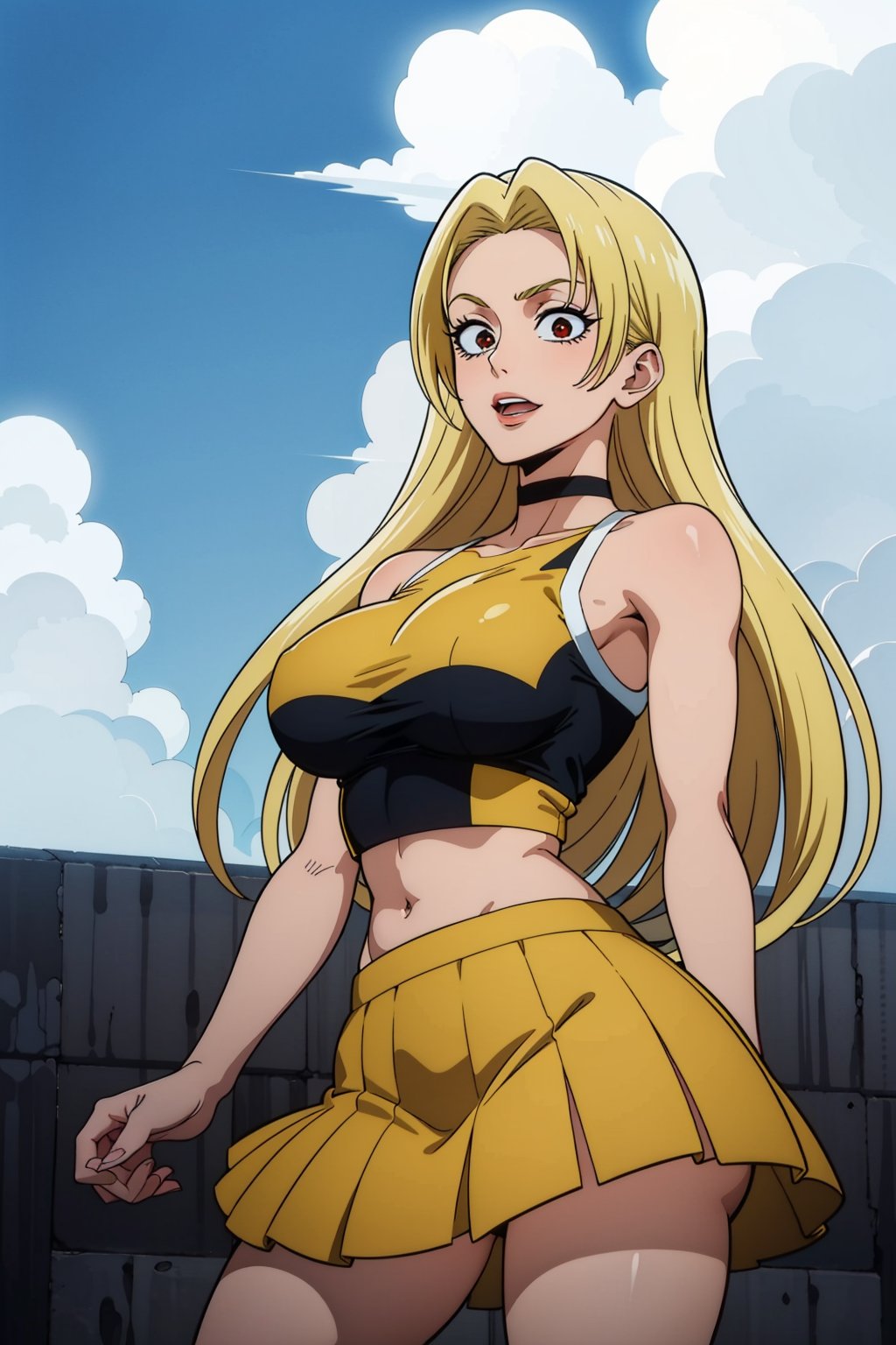 masterpiece, best quality, perfect setting, perfect lighting, highest quality, best quality, highly detailed, high resolution, amazing quality, very aesthetic, A girl, alone, Yuki Tsukumo from Jujutsu Kaisen, long blonde hair, cheerful, standing on a court, Equipment: cheerleader, orange crop top, choker, sleeveless, pleated skirt, orange skirt, pom pom. background: a sunny, cloudless day. ,Yuki Tsukumo,1girl,blonde,boku_no_hero_academia_style,long hair