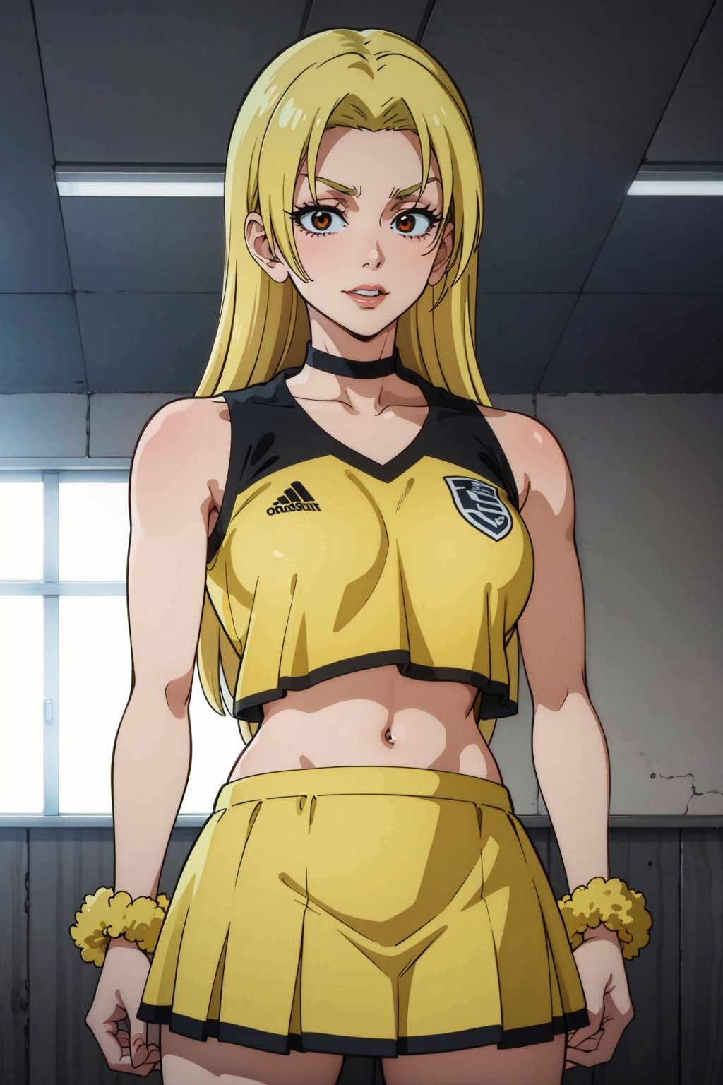 masterpiece, best quality, perfect setting, perfect lighting, highest quality, best quality, highly detailed, high resolution, amazing quality, very aesthetic, A girl, alone, Yuki Tsukumo from Jujutsu Kaisen, long blonde hair, cheerful, standing in a soccer field, Equipment: cheerleader, crop top, orange, choker, sleeveless, pleated skirt, orange skirt, pompom.
