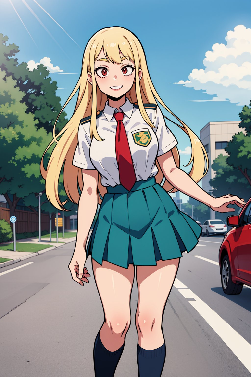 masterpiece, best quality, perfect scenery, perfect lighting, highest quality, best quality, highly detailed, high resolution, amazing quality, very aesthetic, A girl, alone, Yuki Tsukumo from Jujutsu Kaisen, long blonde hair, smiling, standing on a street, Outfit: skirt, shirt, school uniform, white shirt, short sleeves, pleated skirt, necktie, collared shirt, red necktie, green skirt, u.a. school uniform, background: a sunny, cloudless day.
,Yuki Tsukumo,1girl,blonde,boku_no_hero_academia_style,long hair