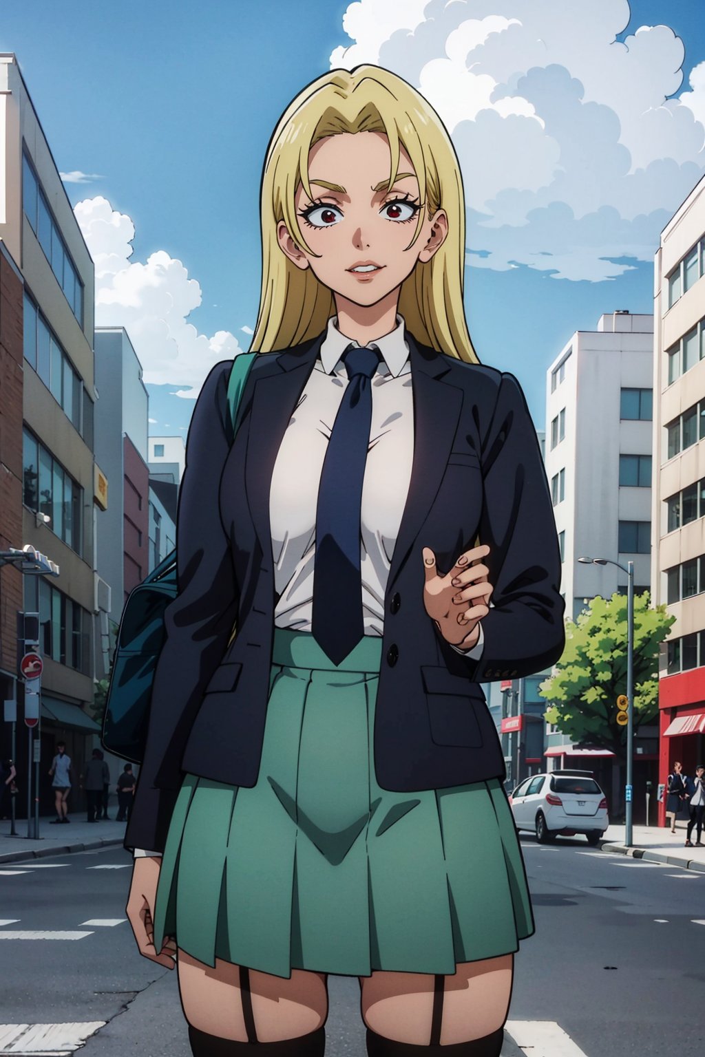 masterpiece, best quality, perfect scenery, perfect lighting, highest quality, best quality, highly detailed, high resolution, amazing quality, very aesthetic, A girl, alone, Yuki Tsukumo from Jujutsu Kaisen, long blonde hair, cheerful, standing on a street, Outfit: grey_jacket long_sleeves, white_shirt red_necktie, mos green pleated_skirt, black stocking Future Underground City, background: a sunny, cloudless day. ,Yuki Tsukumo,1girl,blonde,boku_no_hero_academia_style,long hair