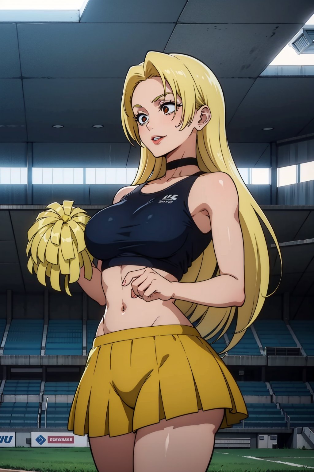 masterpiece, best quality, perfect setting, perfect lighting, highest quality, best quality, highly detailed, high resolution, amazing quality, very aesthetic, A girl, alone, Yuki Tsukumo from Jujutsu Kaisen, long blonde hair, cheerful, standing in a soccer field, Equipment: cheerleader, crop top, orange, choker, sleeveless, pleated skirt, orange skirt, pompom.
