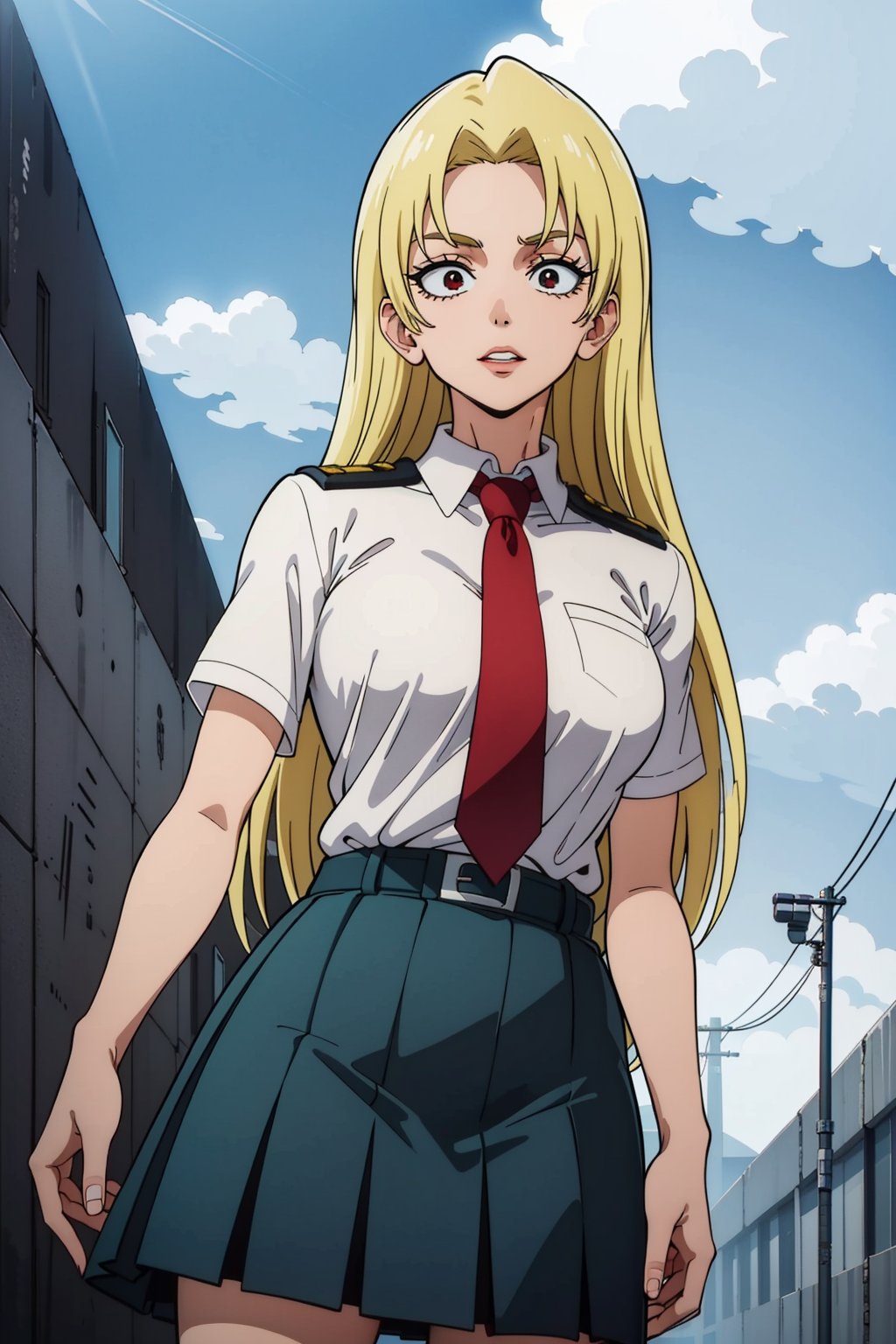 masterpiece, best quality, perfect scenery, perfect lighting, highest quality, best quality, highly detailed, high resolution, amazing quality, very aesthetic, A girl, alone, Yuki Tsukumo from Jujutsu Kaisen, long blonde hair, glad, standing on a street, Outfit: skirt, shirt, school uniform, white shirt, short sleeves, pleated skirt, necktie, collared shirt, red necktie, green skirt, u.a. school uniform, background: a sunny, cloudless day.
,Yuki Tsukumo,1girl,blonde,boku_no_hero_academia_style,long hair