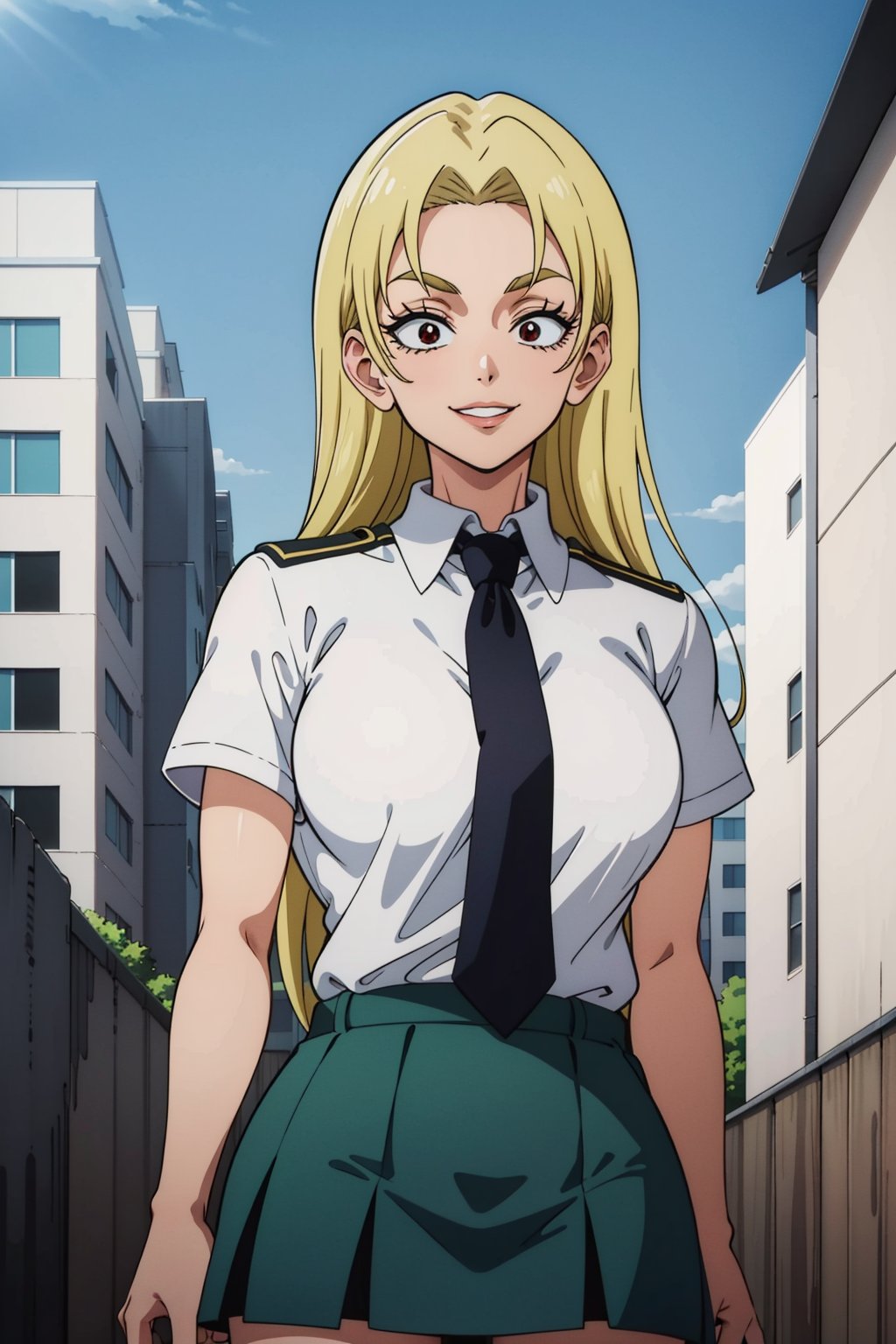 masterpiece, best quality, perfect scenery, perfect lighting, highest quality, best quality, highly detailed, high resolution, amazing quality, very aesthetic, A girl, alone, Yuki Tsukumo from Jujutsu Kaisen, long blonde hair, smiling, standing on a street, Outfit: skirt, shirt, school uniform, white shirt, short sleeves, pleated skirt, necktie, collared shirt, red necktie, green skirt, u.a. school uniform, background: a sunny, cloudless day.
,Yuki Tsukumo,1girl,blonde,boku_no_hero_academia_style,long hair