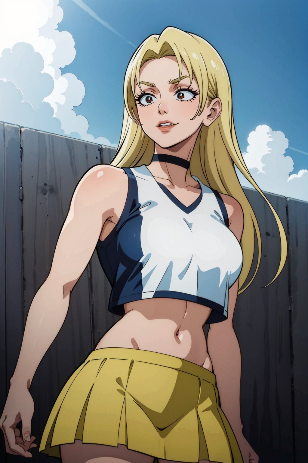 masterpiece, best quality, perfect setting, perfect lighting, highest quality, best quality, highly detailed, high resolution, amazing quality, very aesthetic, A girl, alone, Yuki Tsukumo from Jujutsu Kaisen, long blonde hair, cheerful, standing on a court, Equipment: cheerleader, orange crop top, choker, sleeveless, pleated skirt, orange skirt, pom pom. background: a sunny, cloudless day. ,Yuki Tsukumo,1girl,blonde,boku_no_hero_academia_style,long hair