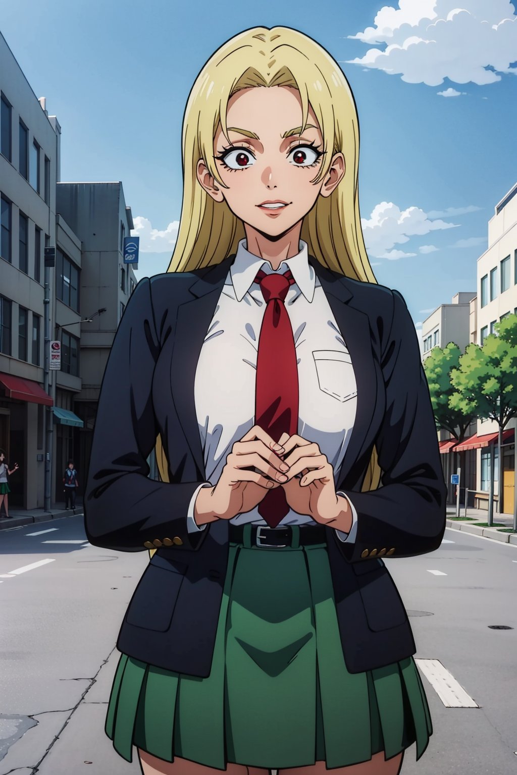 masterpiece, best quality, perfect scenery, perfect lighting, highest quality, best quality, highly detailed, high resolution, amazing quality, very aesthetic, A girl, alone, Yuki Tsukumo from Jujutsu Kaisen, long blonde hair, cheerful, standing on a street, Outfit: school uniform, red necktie, collared shirt, blazer, grey jacket, long sleeves, pleated skirt, green skirt, u.a. school uniform, background: a sunny, cloudless day.
,Yuki Tsukumo,1girl,blonde,boku_no_hero_academia_style,long hair