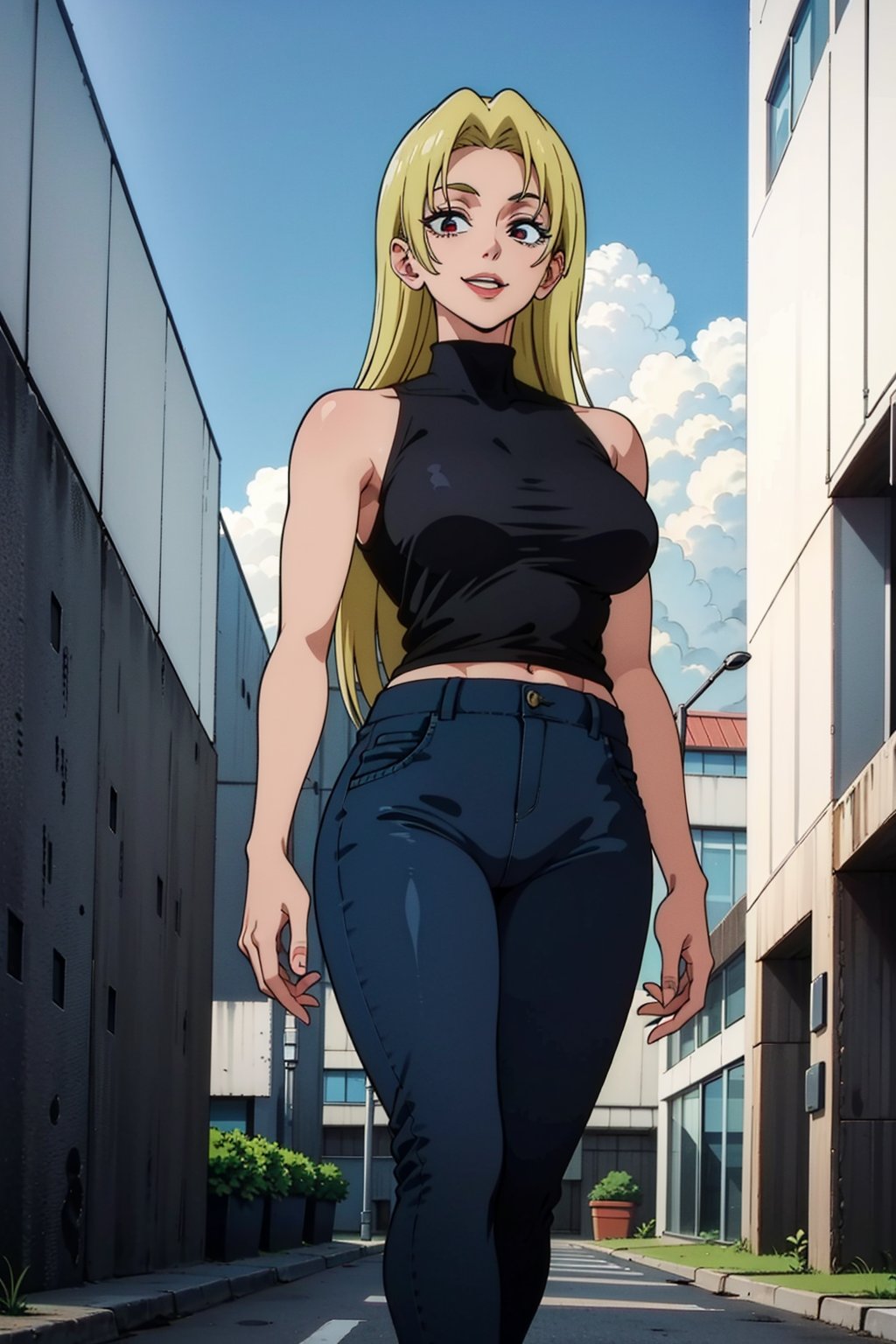 A girl, alone, Yuki Tsukumo from Jujutsu Kaisen, long blonde hair, happy, standing on a street, wearing a black sleeveless t-shirt, dark red pants, background: a sunny, cloudless day.
