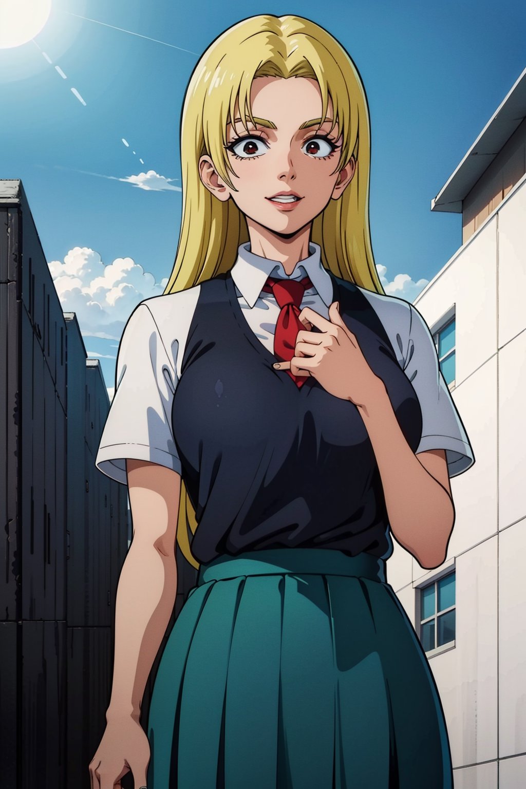 masterpiece, best quality, perfect scenery, perfect lighting, highest quality, best quality, highly detailed, high resolution, amazing quality, very aesthetic, A girl, alone, Yuki Tsukumo from Jujutsu Kaisen, long blonde hair, happy, standing on a street, Outfit: skirt, shirt, school uniform, white shirt, short sleeves, pleated skirt, necktie, collared shirt, red necktie, green skirt, u.a. school uniform, background: a sunny, cloudless day.
,Yuki Tsukumo