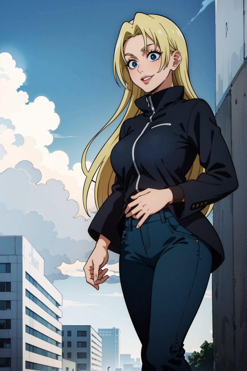 A girl, alone, Yuki Tsukumo from Jujutsu Kaisen, long blonde hair, happy, standing on a street, wearing a black jacket, dark blue pants, background: a sunny, cloudless day.