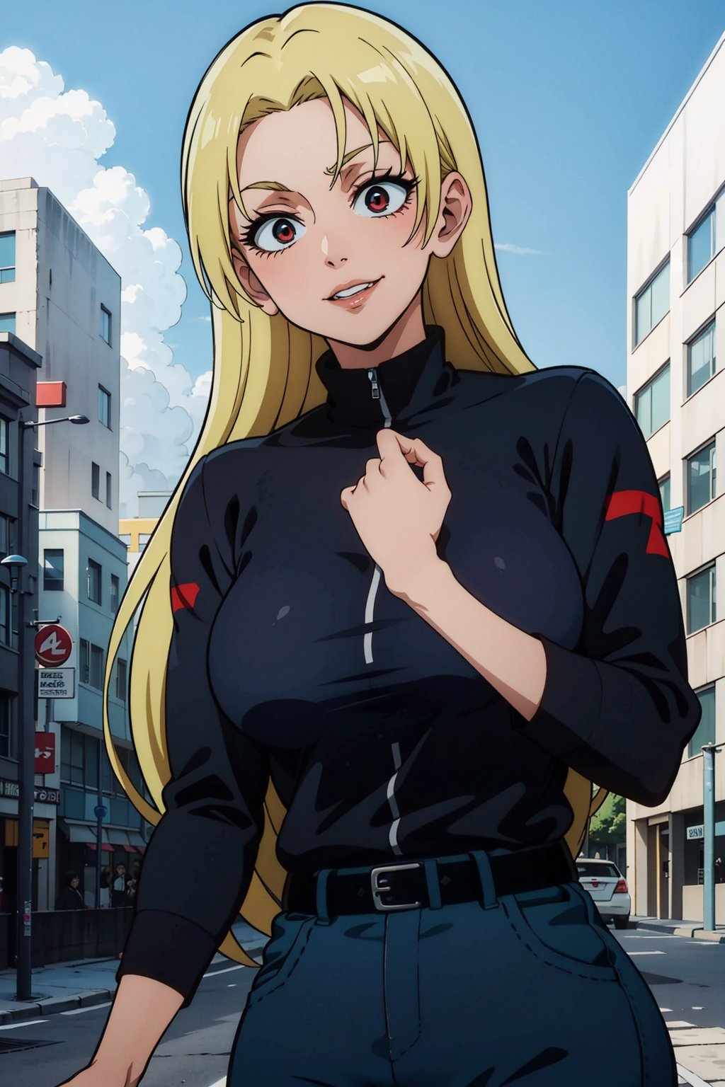 A girl, alone, Yuki Tsukumo from Jujutsu Kaisen, long blonde hair, happy, standing on a street, wearing a black jacket, dark blue pants, background: a sunny, cloudless day.