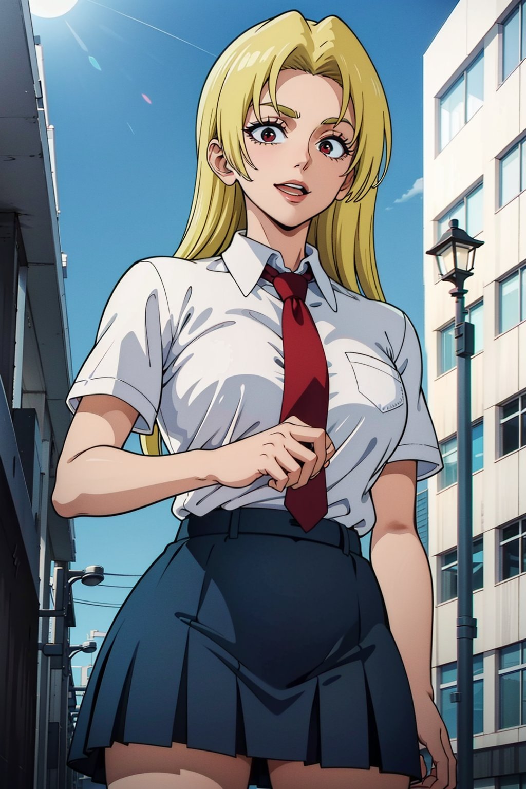 A girl, alone, Yuki Tsukumo from Jujutsu Kaisen, long blonde hair, happy, standing on a street, Outfit: skirt, shirt, school uniform, white shirt, short sleeves, pleated skirt, necktie, collared shirt, red necktie, green skirt, u.a. school uniform, background: a sunny, cloudless day.
,Yuki Tsukumo ,1girl,blonde