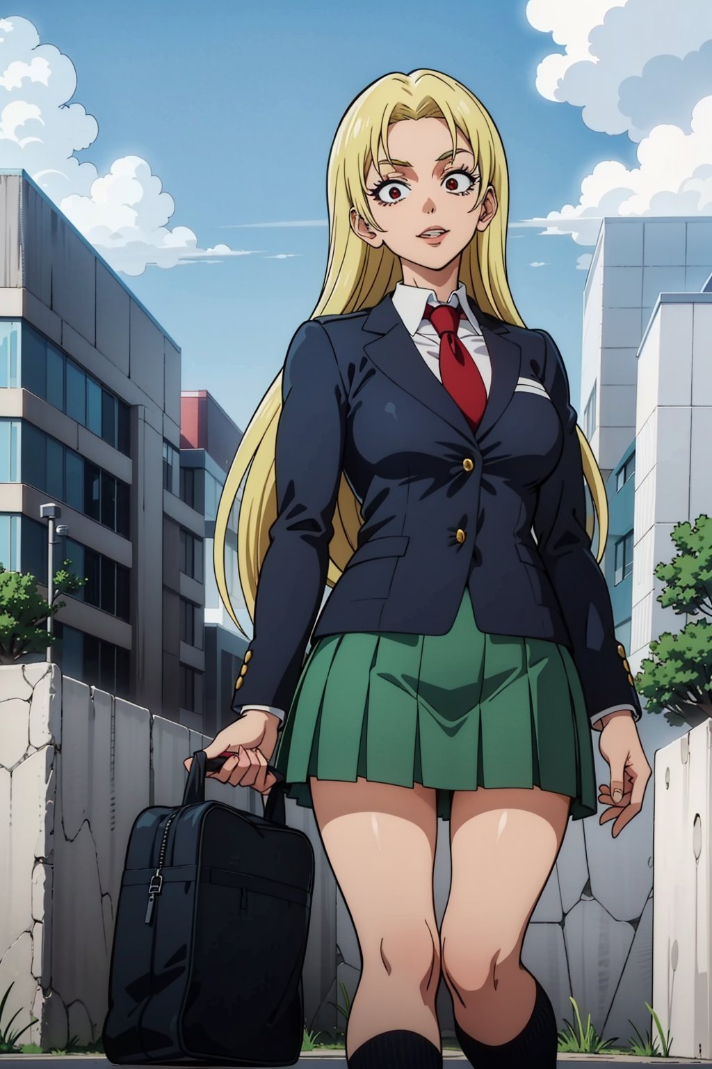 masterpiece, best quality, perfect scenery, perfect lighting, highest quality, best quality, highly detailed, high resolution, amazing quality, very aesthetic, A girl, alone, Yuki Tsukumo from Jujutsu Kaisen, long blonde hair, cheerful, standing on a street, Outfit: school uniform, red necktie, collared shirt, blazer, ash grey jacket, long sleeves, pleated skirt, green skirt, u.a. school uniform, background: a sunny, cloudless day.
,Yuki Tsukumo,1girl,blonde,boku_no_hero_academia_style,long hair