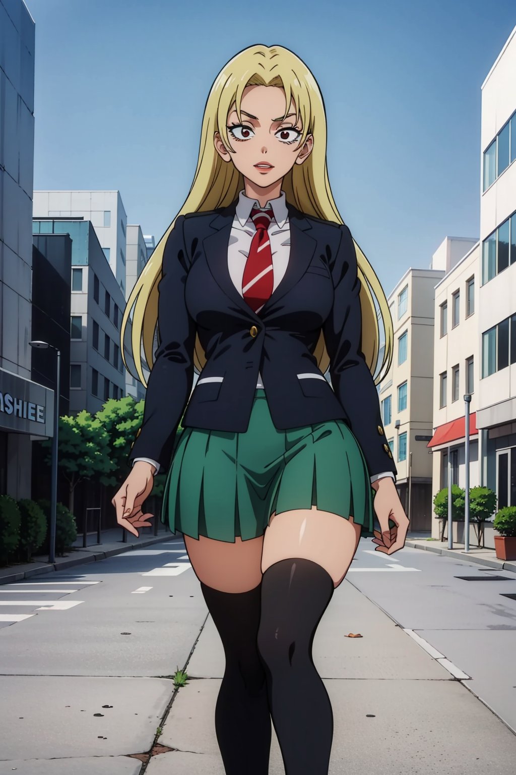 masterpiece, best quality, perfect scenery, perfect lighting, highest quality, best quality, highly detailed, high resolution, amazing quality, very aesthetic, A girl, alone, Yuki Tsukumo from Jujutsu Kaisen, long blonde hair, cheerful, standing on a street, Outfit: school uniform, red necktie, collared shirt, blazer, gray jacket, long sleeves, pleated skirt, green skirt, black stocking Future Underground City, background: a sunny, cloudless day.
,Yuki Tsukumo,1girl,blonde,boku_no_hero_academia_style,long hair