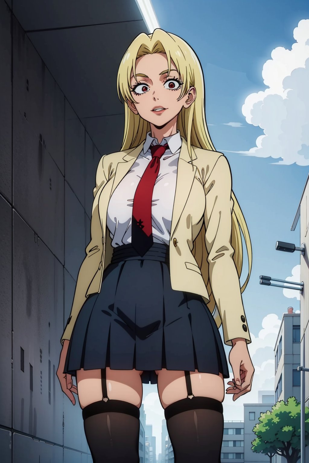 masterpiece, best quality, perfect scenery, perfect lighting, highest quality, best quality, highly detailed, high resolution, amazing quality, very aesthetic, A girl, alone, Yuki Tsukumo from Jujutsu Kaisen, long blonde hair, cheerful, standing on a street, Outfit: grey_jacket long_sleeves, white_shirt red_necktie, mos green pleated_skirt, black stocking Future Underground City, background: a sunny, cloudless day.
,Yuki Tsukumo,1girl,blonde,boku_no_hero_academia_style,long hair