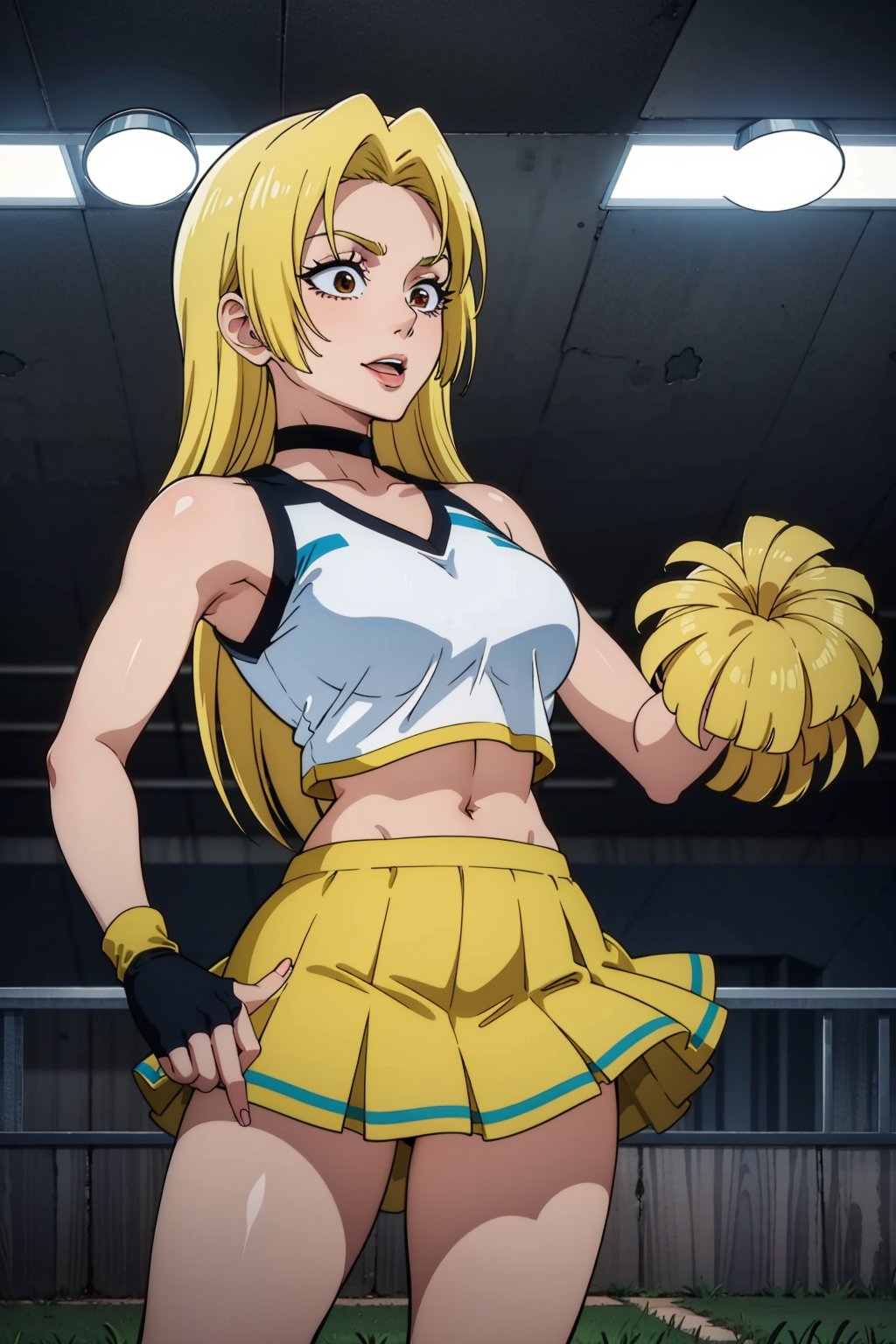 masterpiece, best quality, perfect setting, perfect lighting, highest quality, best quality, highly detailed, high resolution, amazing quality, very aesthetic, A girl, alone, Yuki Tsukumo from Jujutsu Kaisen, long blonde hair, cheerful, standing in a soccer field, Equipment: cheerleader, crop top, orange, choker, sleeveless, pleated skirt, orange skirt, pompom.
