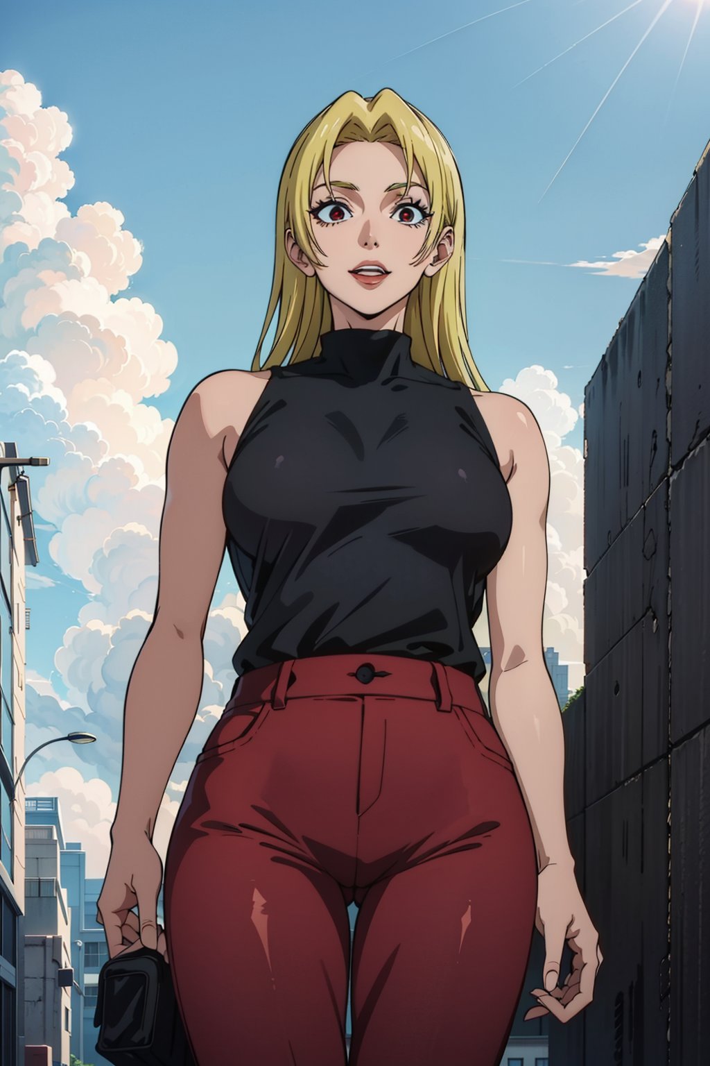 A girl, alone, Yuki Tsukumo from Jujutsu Kaisen, long blonde hair, happy, standing on a street, wearing a black sleeveless t-shirt, dark red pants, background: a sunny, cloudless day.
