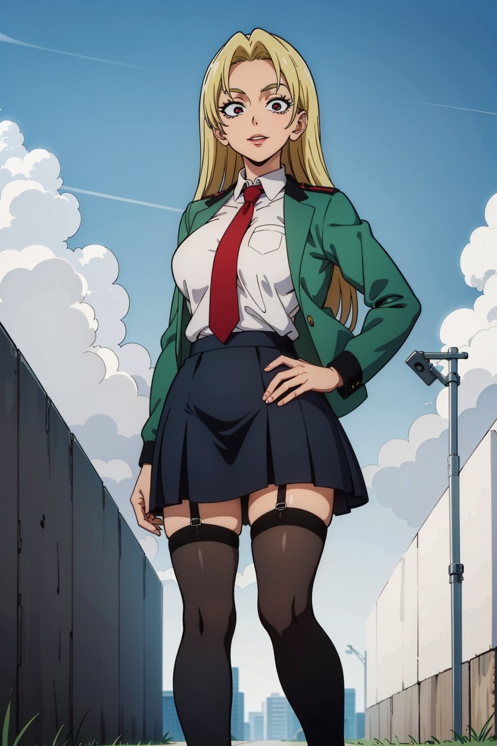 masterpiece, best quality, perfect scenery, perfect lighting, highest quality, best quality, highly detailed, high resolution, amazing quality, very aesthetic, A girl, alone, Yuki Tsukumo from Jujutsu Kaisen, long blonde hair, cheerful, standing on a street, Outfit: grey_jacket long_sleeves, white_shirt red_necktie, mos green pleated_skirt, black stocking Future Underground City, background: a sunny, cloudless day.
,Yuki Tsukumo,1girl,blonde,boku_no_hero_academia_style,long hair