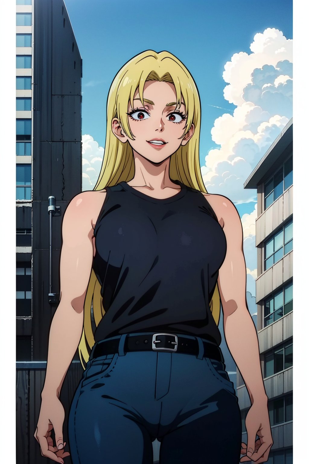 A girl, alone, Yuki Tsukumo from Jujutsu Kaisen, long blonde hair, happy, standing on a street, wearing a black sleeveless t-shirt, dark red pants, background: a sunny, cloudless day.
