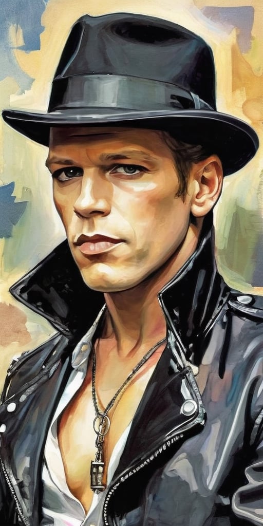 ((Portrait of Paul Simonon)), Face Portrait, ((The Clash)), (((When he was in The Clash)), ((London Calling)), Tommy Gunn, Black hat, black jacket, slender body, muted colors, digital painting, ((illustration depth) )), frontal image, haunting, very complex work, drawing style by Milo Manara, drawing style, 2D