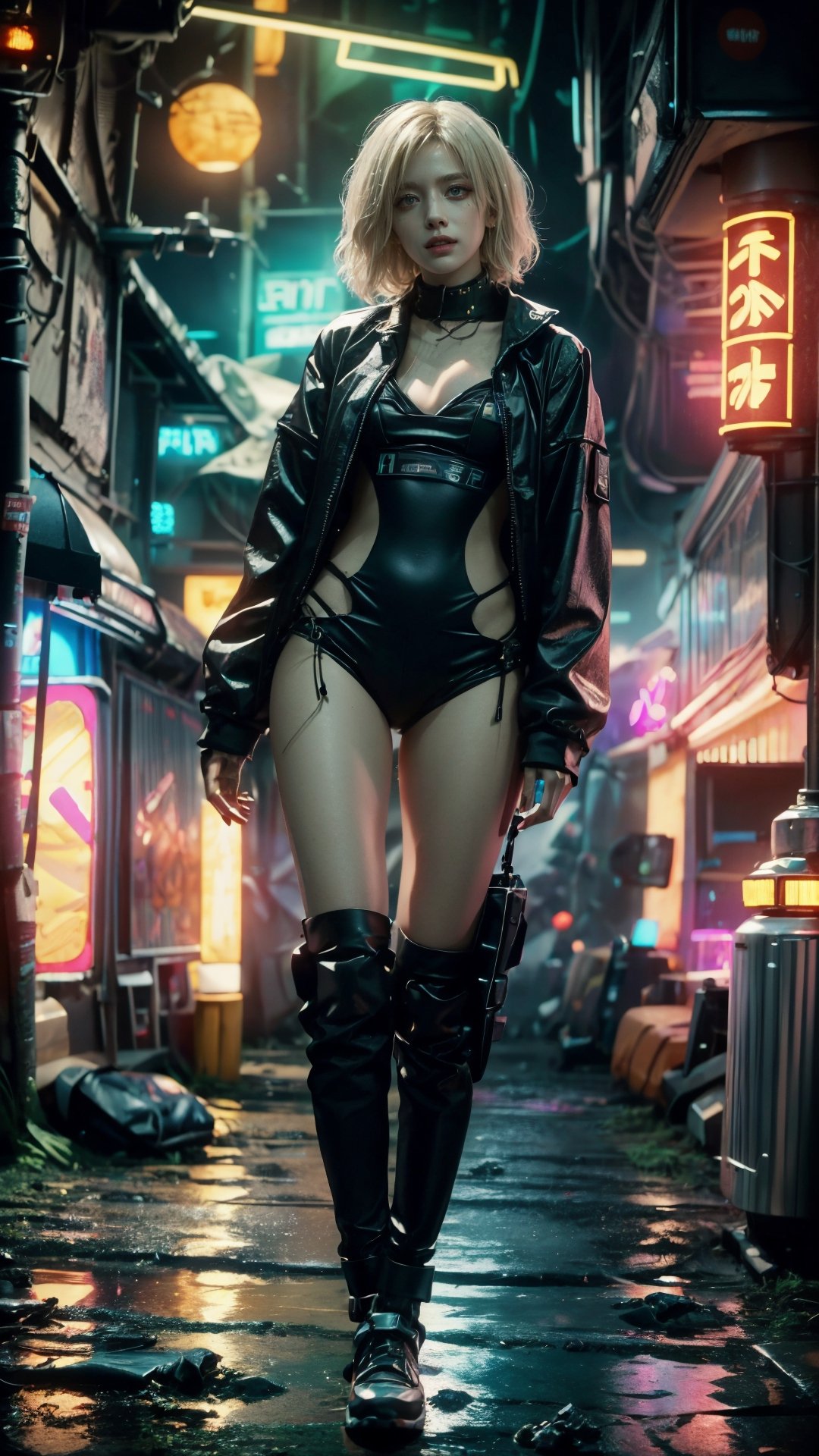 ((Best quality)), ((Masterpiece)), (Very detailed: 1.3), (Cyberpunk city), ((Rusty city)), ((Desolate landscape)), With bars and brothels Slum Streets and Women and Guests on a Rainy Night, Dashi, Movies, Blade Runner Inspired Songs, Syd Mead Inspired Songs, HDR (High Dynamic Range), Ray Tracing, NVIDIA RTX, Ultra High resolution, Unreal 5, subsurface scattering, PBR texturing, post processing, anisotropic filtering, depth of field, maximum sharpness sharpness, multi-layered textures, albedo and specular maps, surface shading, accurate light and material interaction simulation, perfect proportions, octane rendering, two-tone lighting, low ISO, white balance, rule of thirds, wide aperture, 8K raw, efficient sub-pixels, sub-pixel convolution, light scattering, Tyndall effect, dilapidation, dilapidation, decay , Cyberpunk, Human bones, Human bones, Photorealistic, ((Replicant woman)), 1 woman, detailed face, platinum blonde hair