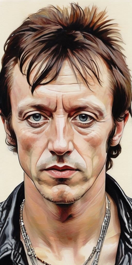 ((Portrait of Young Topper Headon)), ((Nicholas Bowen "Topper" Headon)), Portrait of a Face, (((While in The Clash)), Drummer, London Calling, Tommy Gunn , White Riot, Thin Body, Subdued Colors, Digital Painting, ((Illustration Depth) )), Frontal Image, Haunting, Very Complex Work, Drawing Style by Milo Manara, Drawing Style, 2D