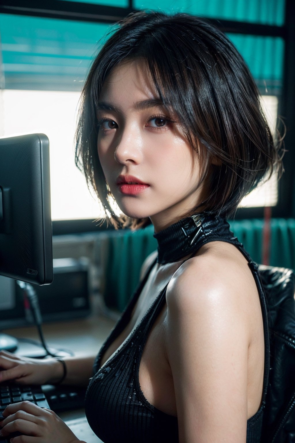 Sexy Korean Woman, Sexy Student, Masterpiece, Photorealistic, Best Quality, Detailed Skin, Complex, (Best Quality, Masterpiece, High Quality, 8k, High Resolution, Super Detailed, Portrait, Photorealistic: 1.4 ), 1 Female, Viewer, 32k HDR, Masterpiece, Award Winning Photography, Cinematic, (Best Quality, Masterpiece, High Quality, 8K, High Resolution, Ultra Detailed, Portrait, Photorealistic :1.4), (1 woman), ((Beautiful eyes, bob cut wavy hair, brown hair, hair tousled by the wind)), ((Perfect night lighting)), (Dark night interior) , blue and green fluorescent colors, (((a narrow, dark room with a cyberpunk style) )), (((a Blade Runner style room))), ((the light of a Hong Kong neon tube leaks through the gap between the black blinds) ), (light coming in), from the monitor screen), I am typing in a room full of computers, (I am typing on the keyboard), I am working in sexy underwear, (sticky and erotic) Shiny skin) (((large breasts with good natural shape))), eyes facing the viewer