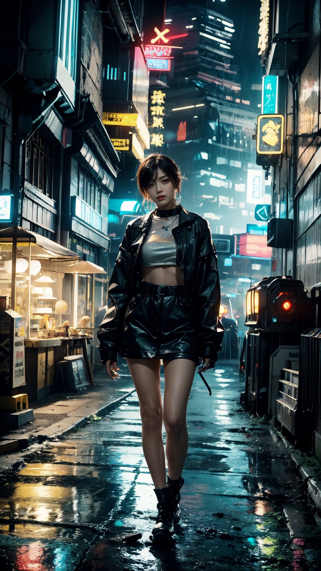 ((Best Quality)), ((Masterpiece)), (highly detailed:1.3), In a cyberpunk city a street in the slums with its bars and a brothel and its girls and clients at Night in the Rain, dashi, films, Songs inspired by Bladerunner, Inspired by Syd Mead, HDR (High Dynamic Range), Ray tracing, NVIDIA RTX, The ultra-Highres, Unreal 5, Subsurface scattering, PBR Texturing, Post-Processing, Anisotropic Filtering, depth of fields, Maximum Sharpness and Sharpness,multi-layered texture, Albedo and Specular maps, Surface Shading, Precise simulation of light-material interactions, perfect proportions, octane render, Two-tone illumination, low ISO, white balance, rule of thirds, Wide aperture,8K Raw, efficient sub-pixel,sub-pixel convolution, light scattering, Tyndall Effect, Cyberpunk, Human bones,Human bones,photorealistic,1girl