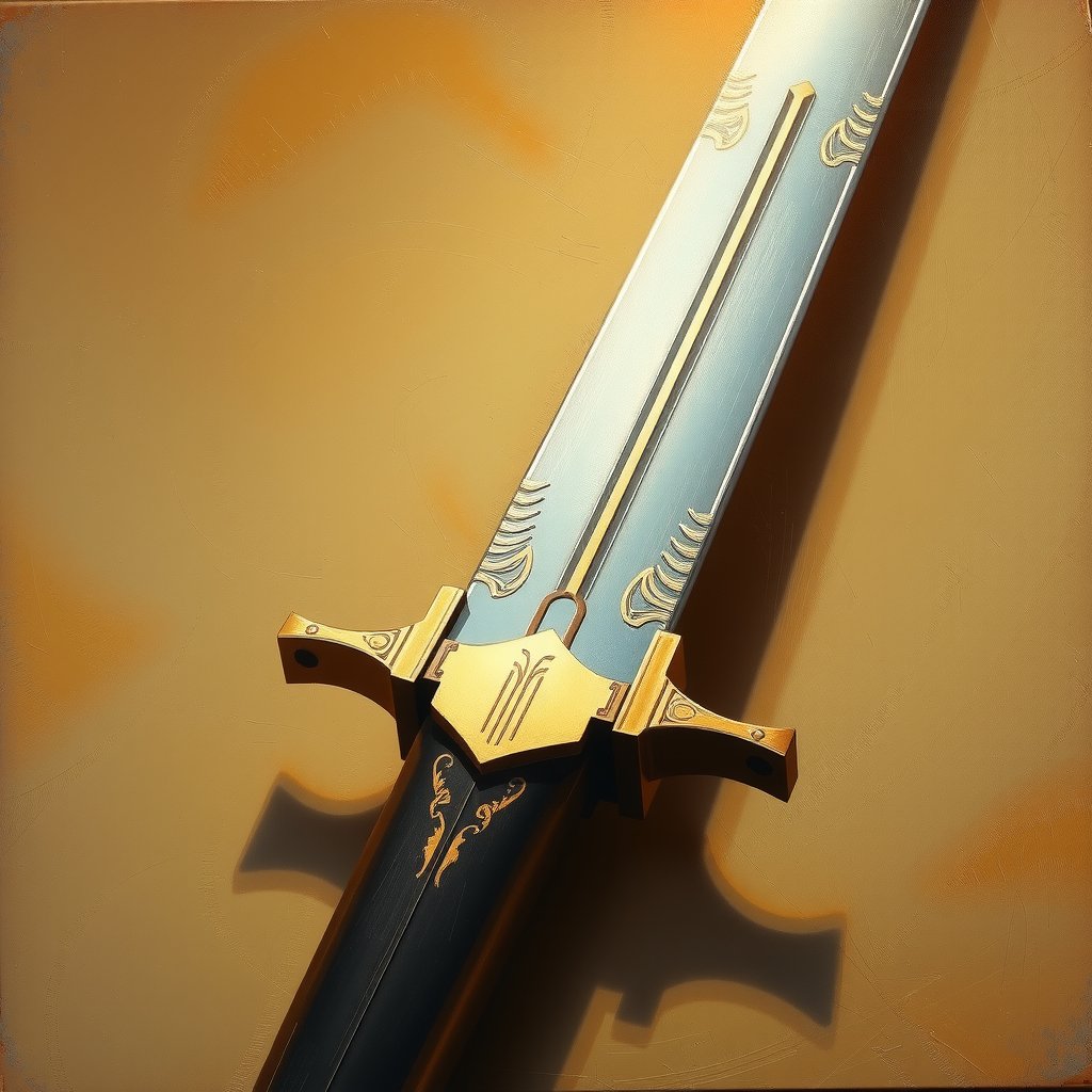 Golden light illuminates an oil-painted still life of a majestic sword, its blade etched with intricate, sharp patterned lines that seem to dance across the surface. The sword rests on a subtle, textured background, inviting the viewer's gaze upward as it dominates the frame from above.