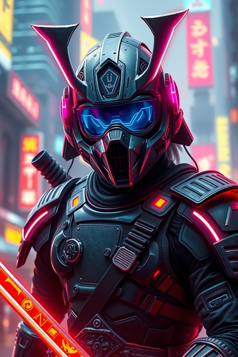 Cyberpunk samurai, wearing sci-fi glasses, sci-fi armor, neon light trim, futuristic city, glowing katana