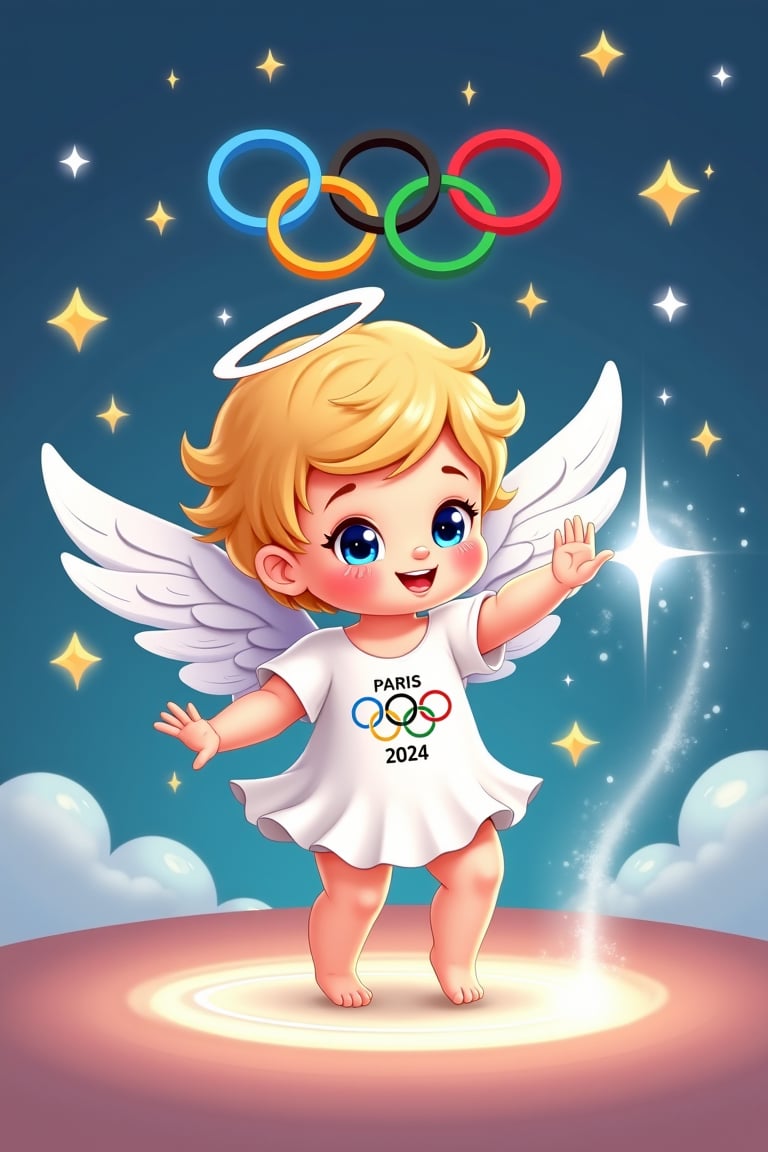 1 cute angel, doing magic, magic with OLYMPIC logo, "PARIS 2024" banner
