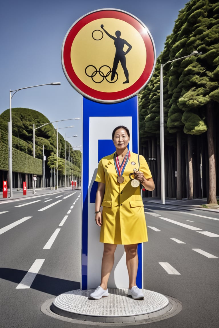 Traffic sign, giant, (Olympic medal:1.4), high quality, 8k, award winning photo, portrait