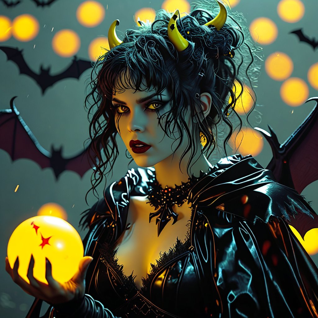 queen of pain, devil horn, casting neon yellow ball, casting spell on her hand, upper body, full clothes, mystery, cinematic, realistic, messy hair, at night, bats flying, 8k, high quality






