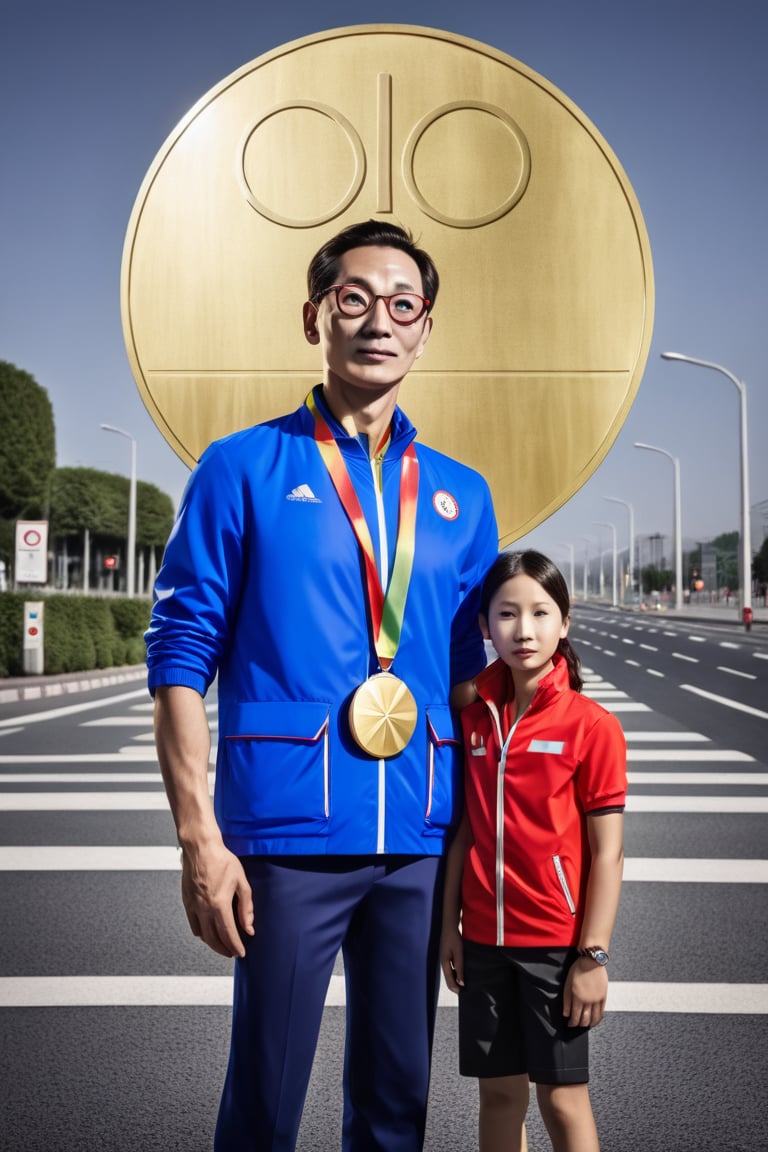 Traffic sign, giant, (Olympic medal:1.4), high quality, 8k, award winning photo, portrait