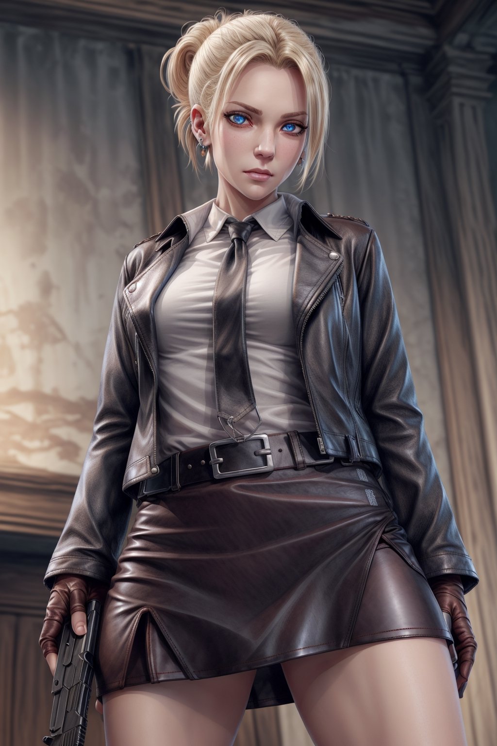 shirt,female_agent,mini_skirt,enemy_base,More Detail,earring,leather_glove,firearm,neck_tie,leather_jacket,belt,detailed_face,detailed_hair,,detailed_eyes,full_body,BOTTOM VIEW