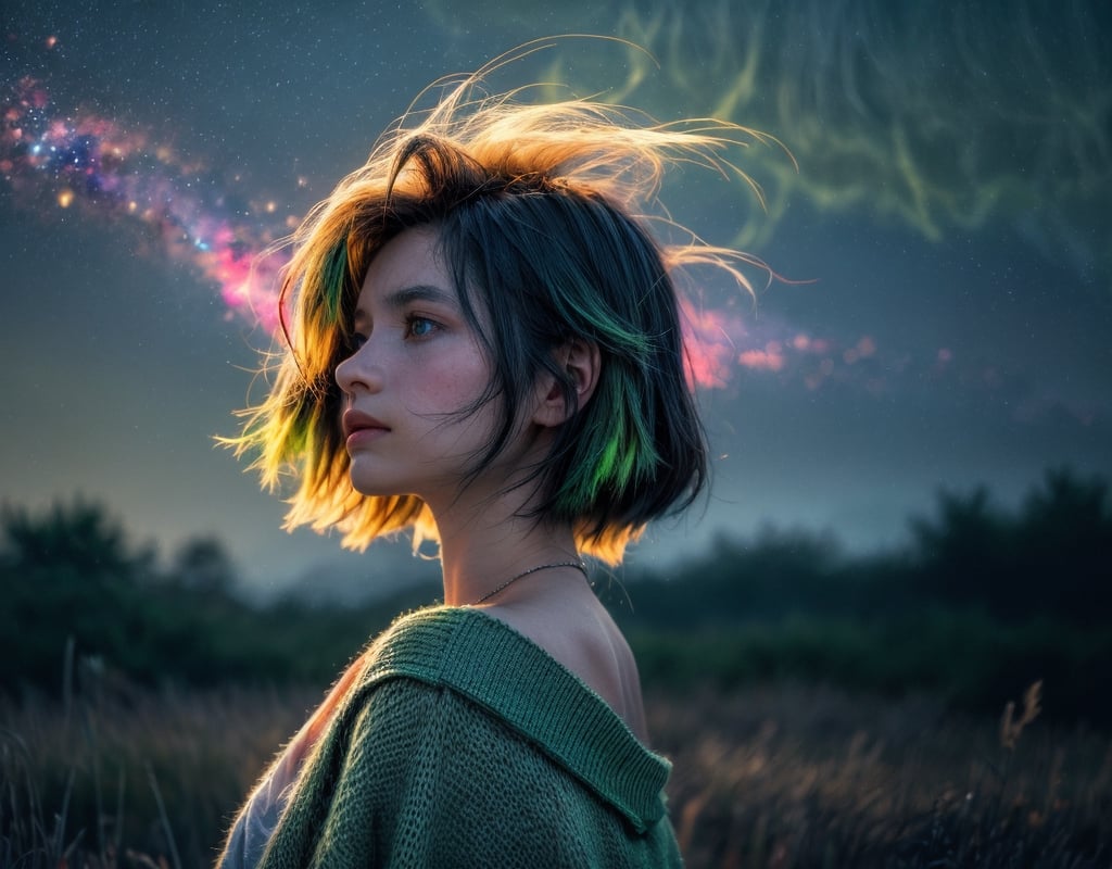 (close-shot photo:1.2) of a beatutiful woman wearing cardigan on a open field, embers of memories, colorful, (photo-realisitc), nebula background, nebula theme,exposure blend, medium shot, bokeh, (hdr:1.4), high contrast, (cinematic, teal and green:0.85), (muted colors, dim colors, soothing tones:1.3), low saturation,fate/stay background,yofukashi background,(pureerosface_v1:0.8), (ulzzang-6500-v1.1:0.8),Beautiful eyes ,ASU1,bare shoulders,dream_girl,midjourney