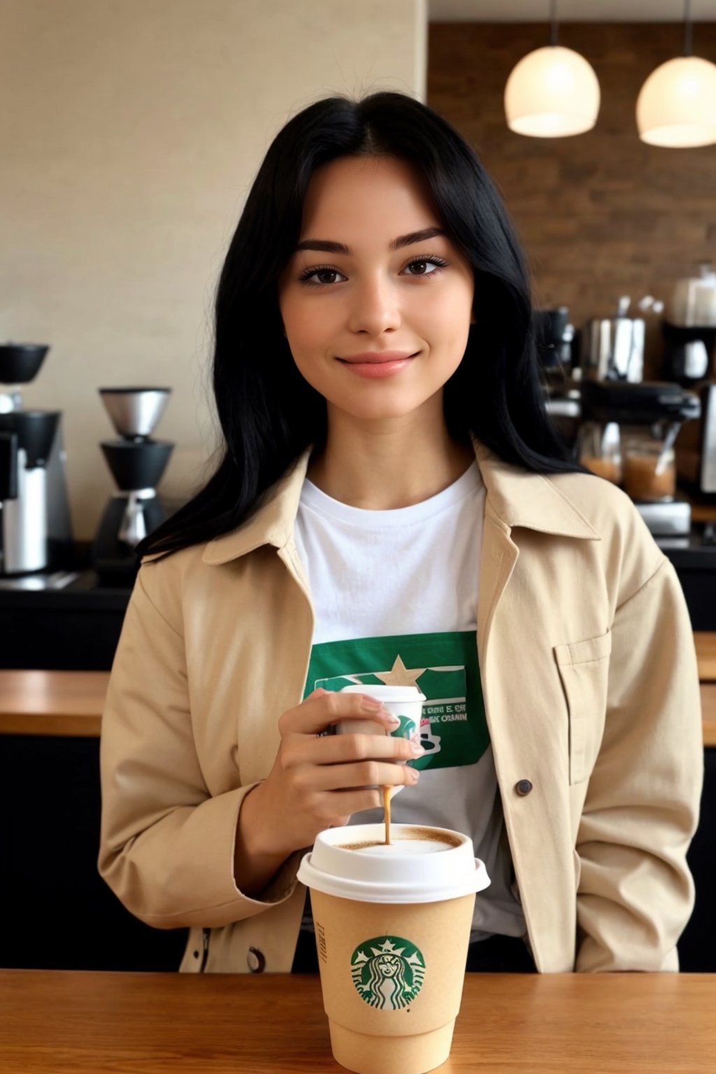 creates a real 21-year-old girl, 1.70 tall, Brazilian Latina, light eyes, black straight hair, looking deeply into the camera, in coffee shop, holding a coffee cup Star bucks, sitting on table, people around him coffee shop, wearing tshirt and jacket,  